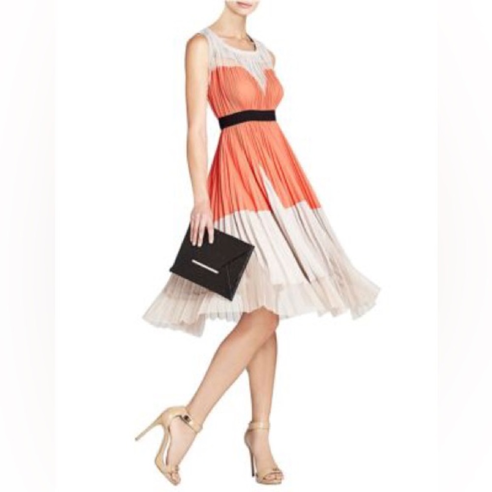 BCBGMaxAzria Size 4 Lucea Dress Ambrosia Combo Pleated Orange Beige Black